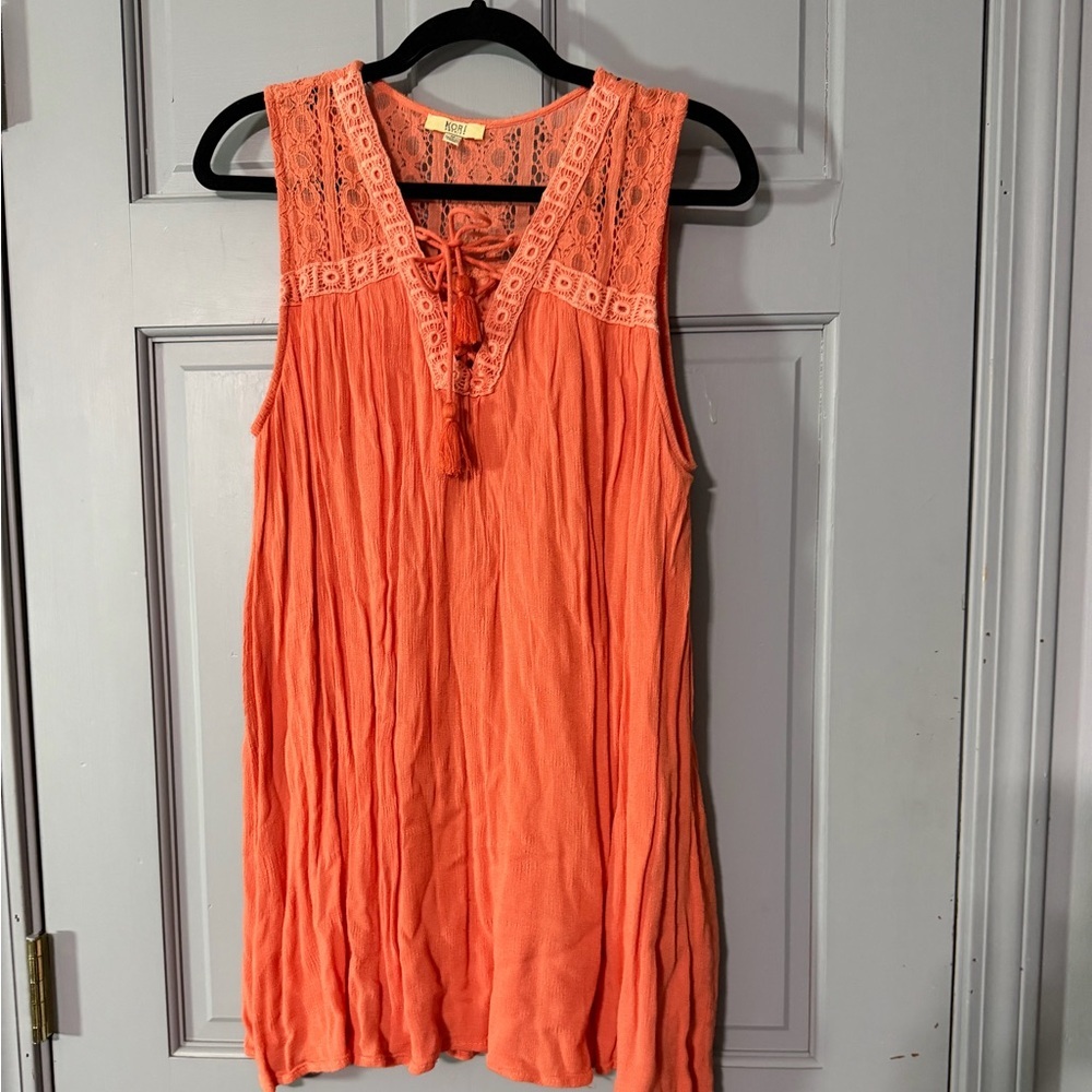 Coral Lace Trim Tunic Top Boho Sleeveless V Neck Tassel Beach Coverup Mini Dress